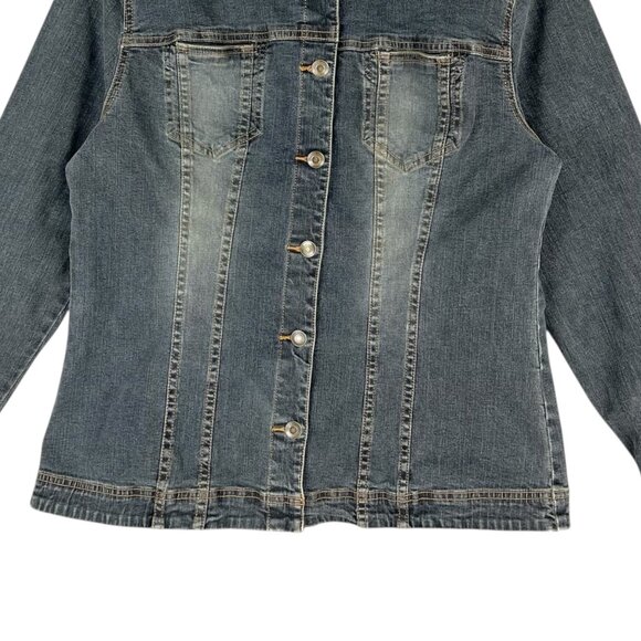 H&M Women's Stretch Dark Wash Blue Denim Jacket Size Medium Button-Up - Picture 5 of 12